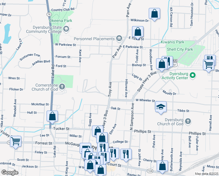 map of restaurants, bars, coffee shops, grocery stores, and more near 917 Troy Avenue in Dyersburg