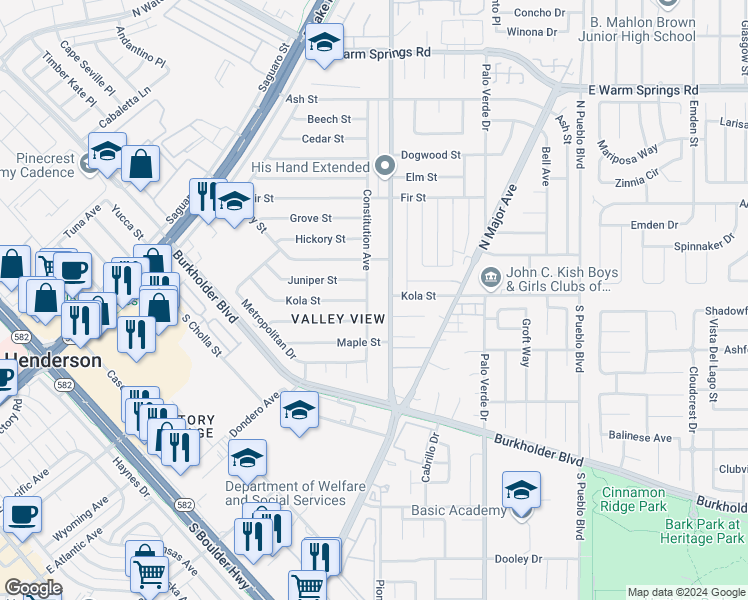 map of restaurants, bars, coffee shops, grocery stores, and more near 75 Constitution Avenue in Henderson