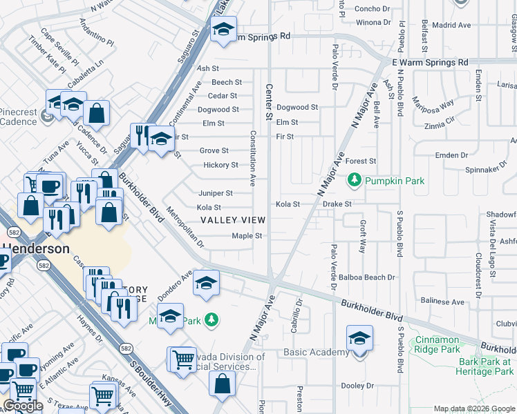 map of restaurants, bars, coffee shops, grocery stores, and more near 821 Center Street in Henderson