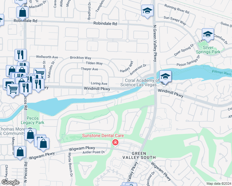 map of restaurants, bars, coffee shops, grocery stores, and more near 2325 Windmill Parkway in Henderson