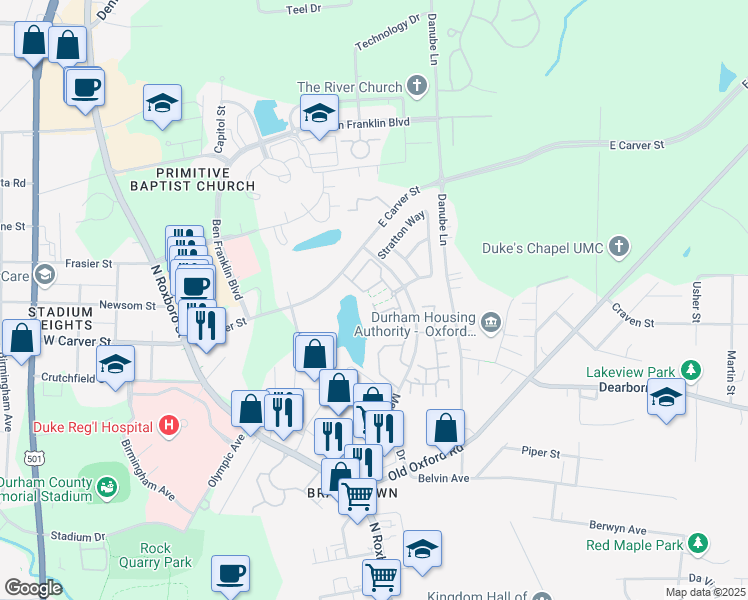 map of restaurants, bars, coffee shops, grocery stores, and more near 4001 Meriwether Drive in Durham