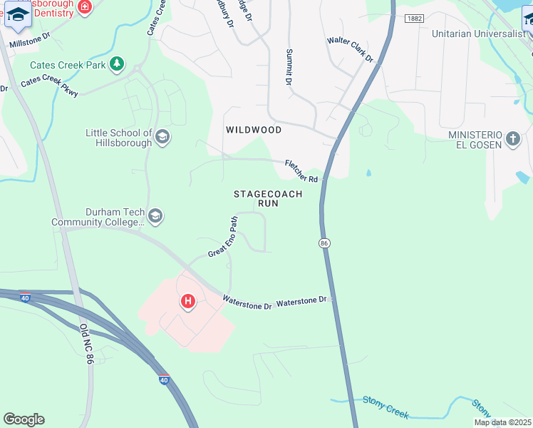 map of restaurants, bars, coffee shops, grocery stores, and more near 174 Walking Path Place in Hillsborough
