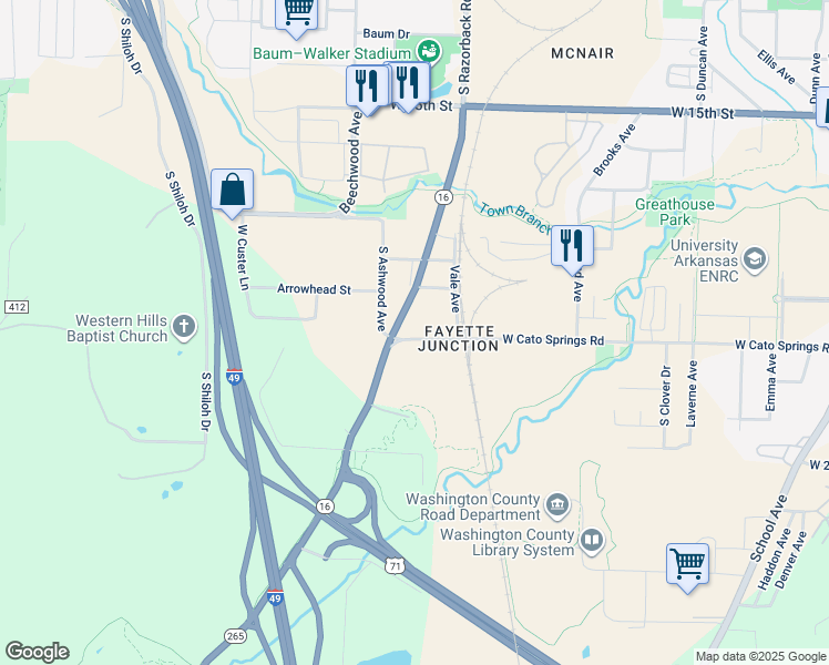 map of restaurants, bars, coffee shops, grocery stores, and more near 1983 South Razorback Road in Fayetteville