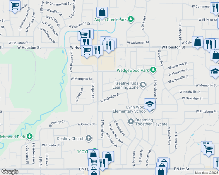 map of restaurants, bars, coffee shops, grocery stores, and more near 2005 West Memphis Street in Broken Arrow