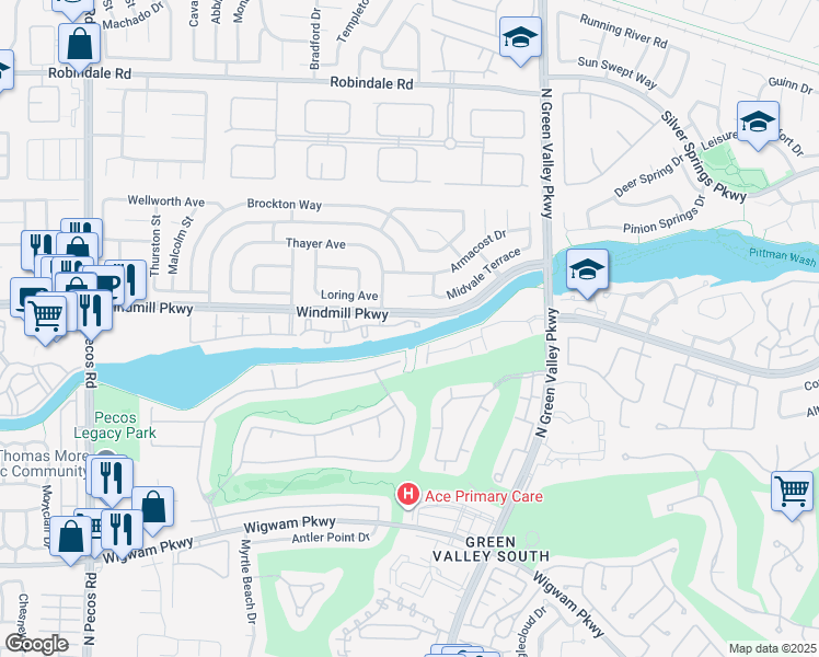 map of restaurants, bars, coffee shops, grocery stores, and more near 2325 Windmill Parkway in Henderson