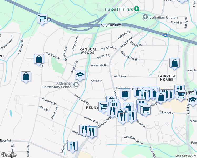map of restaurants, bars, coffee shops, grocery stores, and more near 4202 Antilla Place in Greensboro