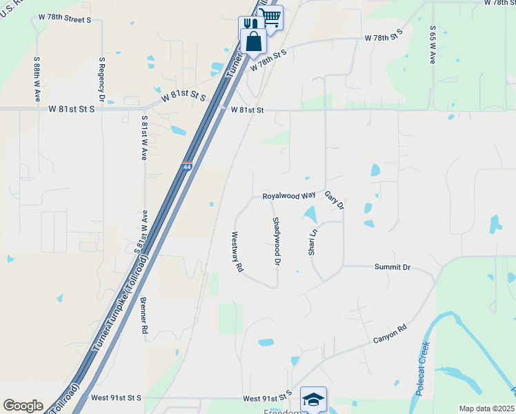 map of restaurants, bars, coffee shops, grocery stores, and more near 7526 Royalwood Way in Tulsa