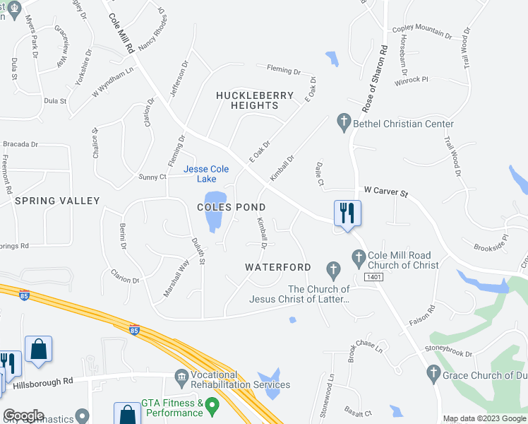 map of restaurants, bars, coffee shops, grocery stores, and more near 1022 Kimball Drive in Durham
