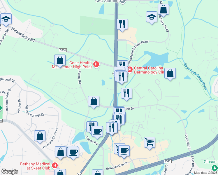 map of restaurants, bars, coffee shops, grocery stores, and more near 2783 North Carolina 68 in High Point