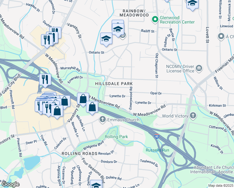 map of restaurants, bars, coffee shops, grocery stores, and more near 2214 Lynette Drive in Greensboro