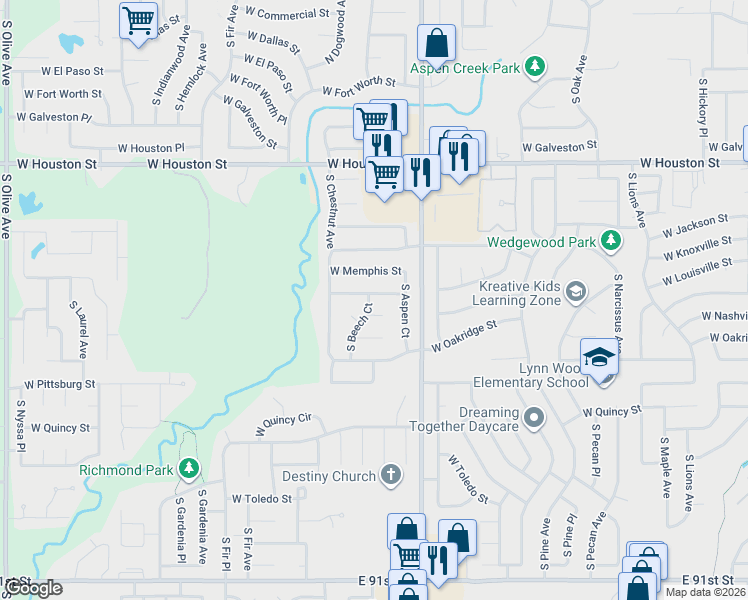 map of restaurants, bars, coffee shops, grocery stores, and more near 2216 West Memphis Place in Broken Arrow