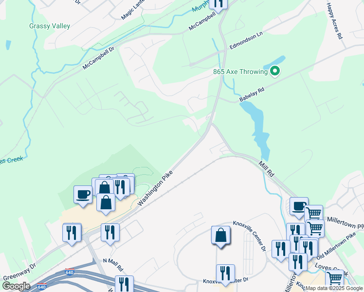 map of restaurants, bars, coffee shops, grocery stores, and more near 5617 Washington Pike in Knoxville