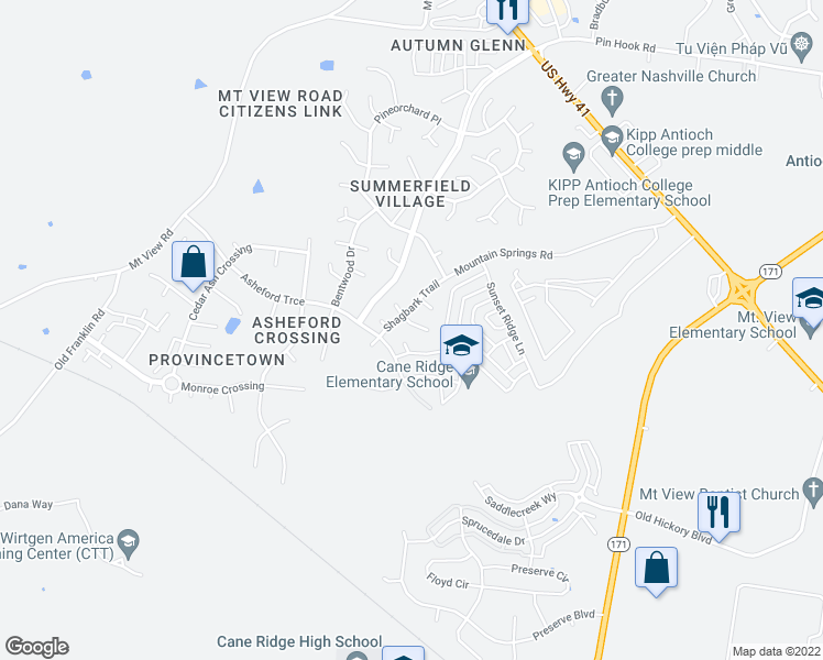 map of restaurants, bars, coffee shops, grocery stores, and more near 409 Mossy Oak Trail in Nashville