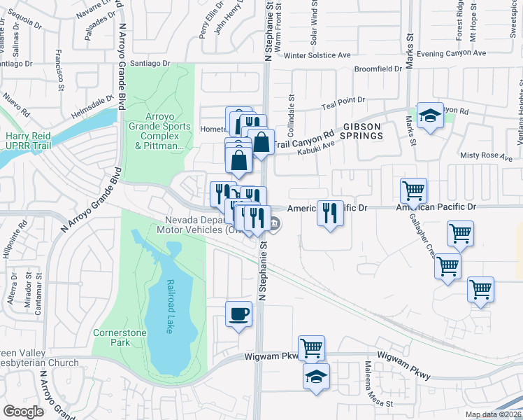map of restaurants, bars, coffee shops, grocery stores, and more near N Stephanie St & American Pacific Dr in Henderson