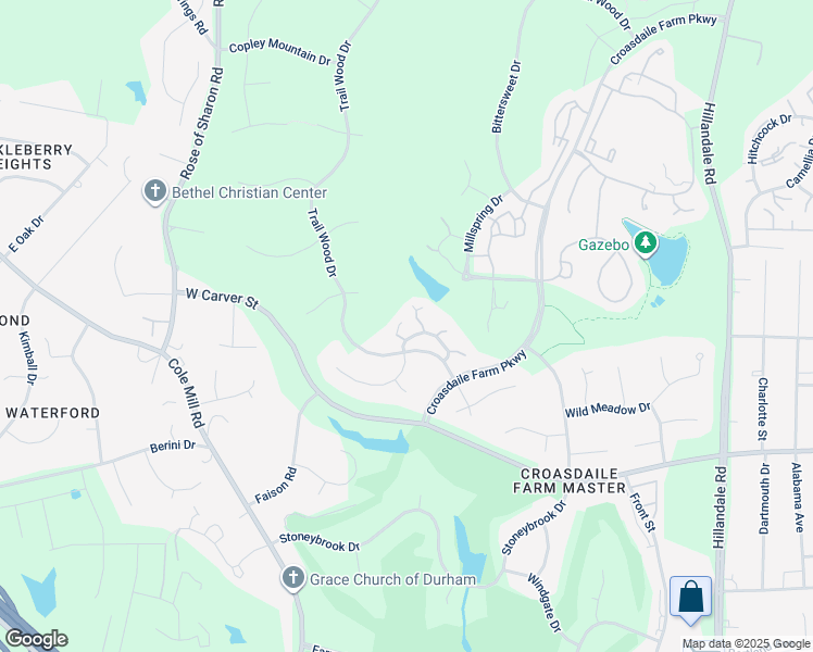 map of restaurants, bars, coffee shops, grocery stores, and more near 105 Cedar Ridge Way in Durham