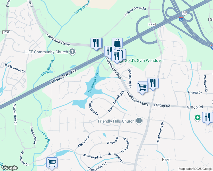 map of restaurants, bars, coffee shops, grocery stores, and more near 3125 Southhampton Drive in Jamestown