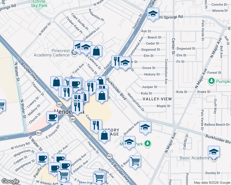 map of restaurants, bars, coffee shops, grocery stores, and more near 224 Caraway Bluffs Place in Henderson