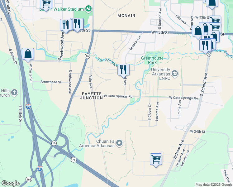 map of restaurants, bars, coffee shops, grocery stores, and more near 1168 West Cato Springs Road in Fayetteville