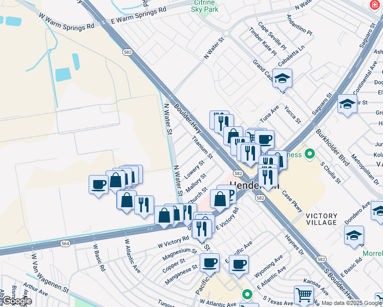 map of restaurants, bars, coffee shops, grocery stores, and more near 40 Laswell Street in Henderson