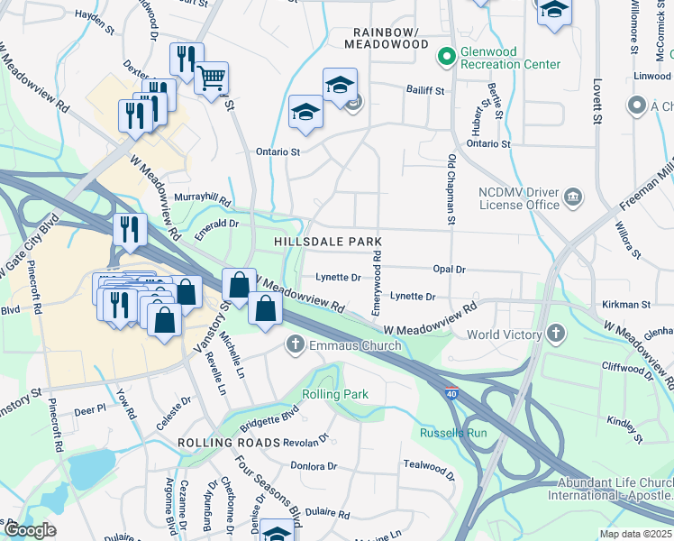 map of restaurants, bars, coffee shops, grocery stores, and more near 2214 Lynette Drive in Greensboro