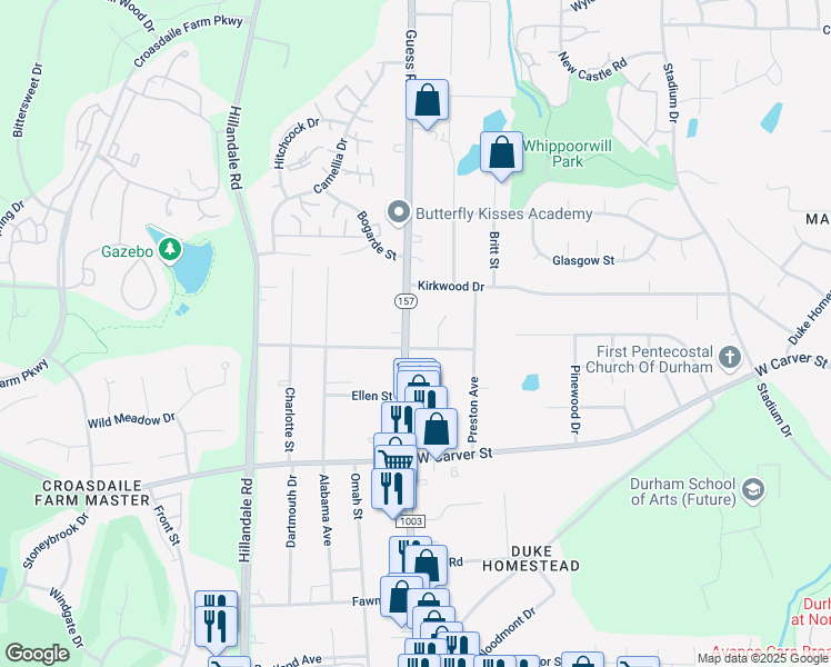 map of restaurants, bars, coffee shops, grocery stores, and more near 2646 Cammie Street in Durham