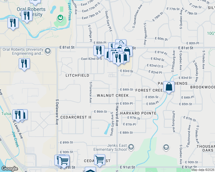 map of restaurants, bars, coffee shops, grocery stores, and more near 3143 East 84th Street South in Tulsa