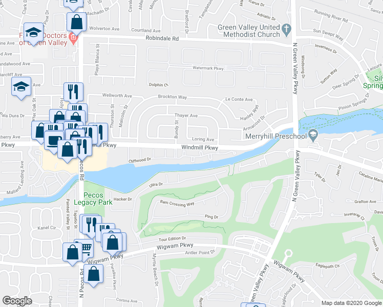 map of restaurants, bars, coffee shops, grocery stores, and more near 2325 Windmill Parkway in Henderson