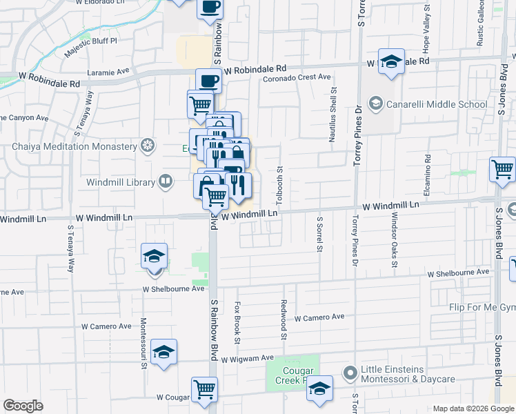 map of restaurants, bars, coffee shops, grocery stores, and more near 6774 Powell Ridge Court in Las Vegas