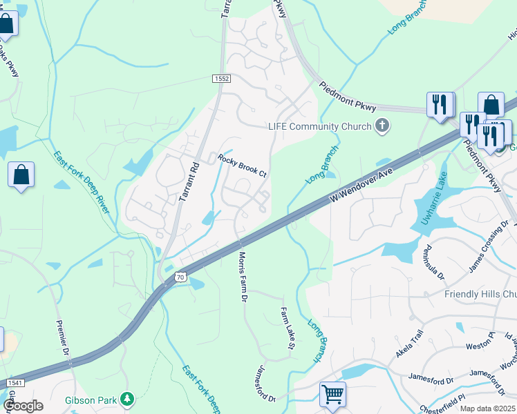 map of restaurants, bars, coffee shops, grocery stores, and more near 3630 Morris Farm Drive in Greensboro