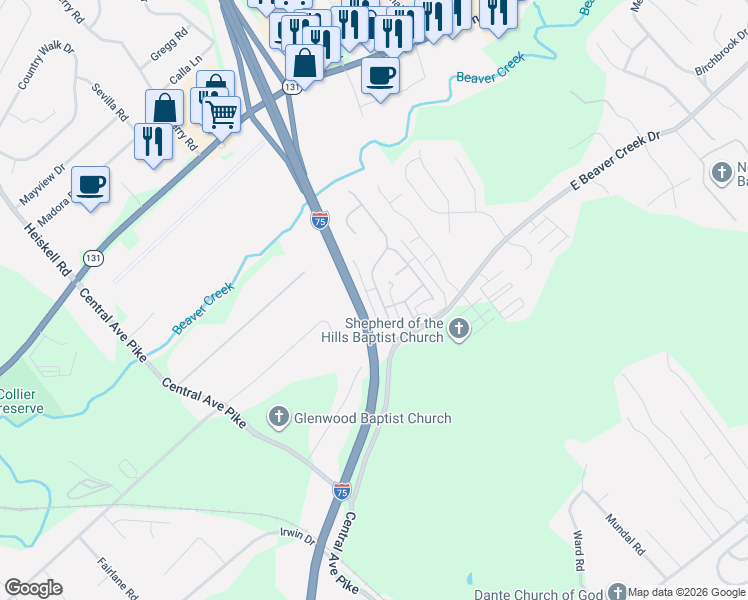 map of restaurants, bars, coffee shops, grocery stores, and more near 7349 Long Shot Lane in Knoxville