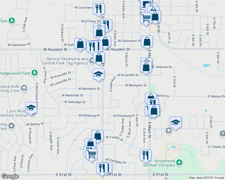 map of restaurants, bars, coffee shops, grocery stores, and more near 1101 South Date Avenue in Broken Arrow