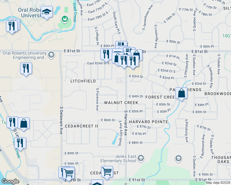 map of restaurants, bars, coffee shops, grocery stores, and more near 3143 East 84th Street South in Tulsa