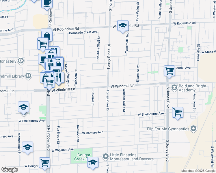 map of restaurants, bars, coffee shops, grocery stores, and more near W Windmill Ln & Torrey Pines Dr in Las Vegas