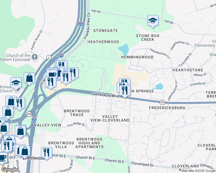 map of restaurants, bars, coffee shops, grocery stores, and more near 1001 Health Park Drive in Brentwood