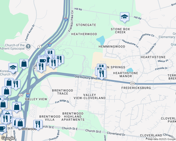 map of restaurants, bars, coffee shops, grocery stores, and more near 1001 Health Park Drive in Brentwood
