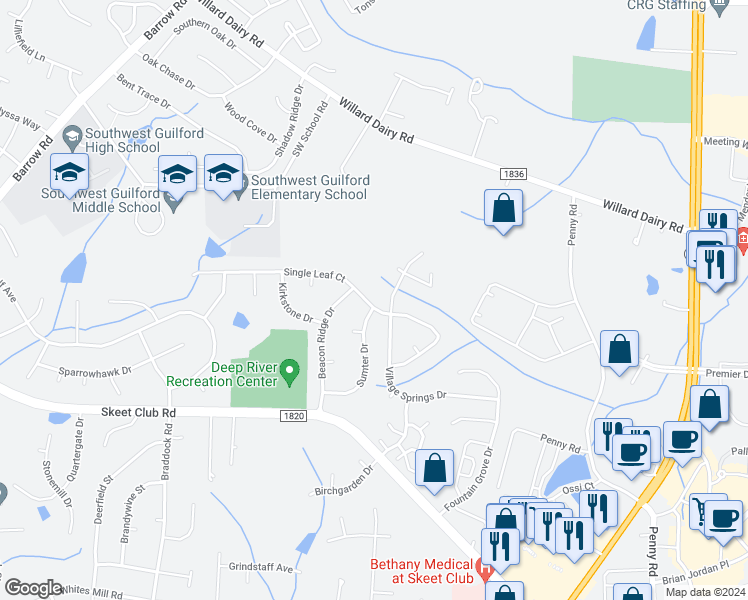 map of restaurants, bars, coffee shops, grocery stores, and more near 3689 Single Leaf Court in High Point