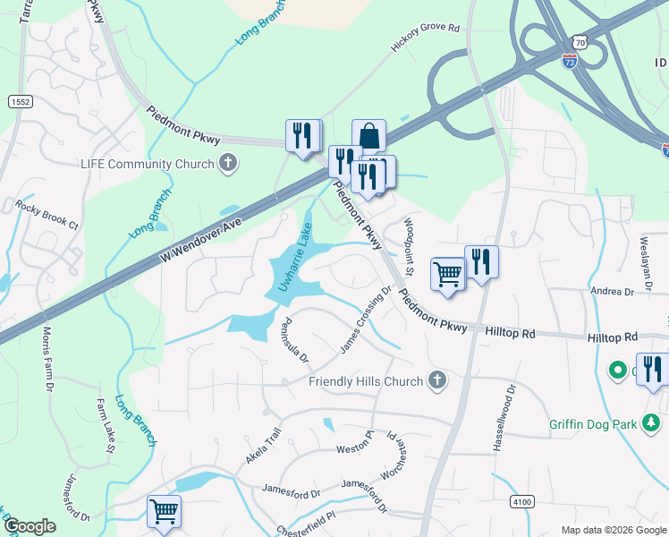 map of restaurants, bars, coffee shops, grocery stores, and more near 3119 Southhampton Drive in Jamestown