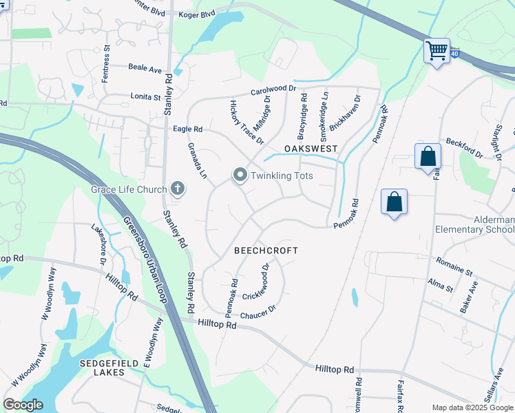 map of restaurants, bars, coffee shops, grocery stores, and more near 1507 Manard Lane in Greensboro