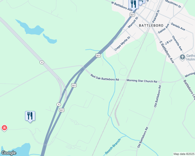 map of restaurants, bars, coffee shops, grocery stores, and more near Red Oak Battleboro Road in Rocky Mount