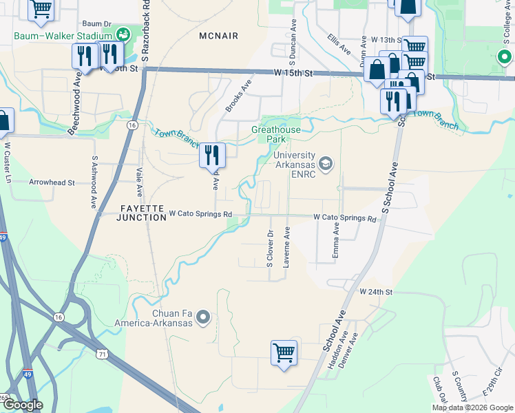 map of restaurants, bars, coffee shops, grocery stores, and more near 956 West Cato Springs Road in Fayetteville