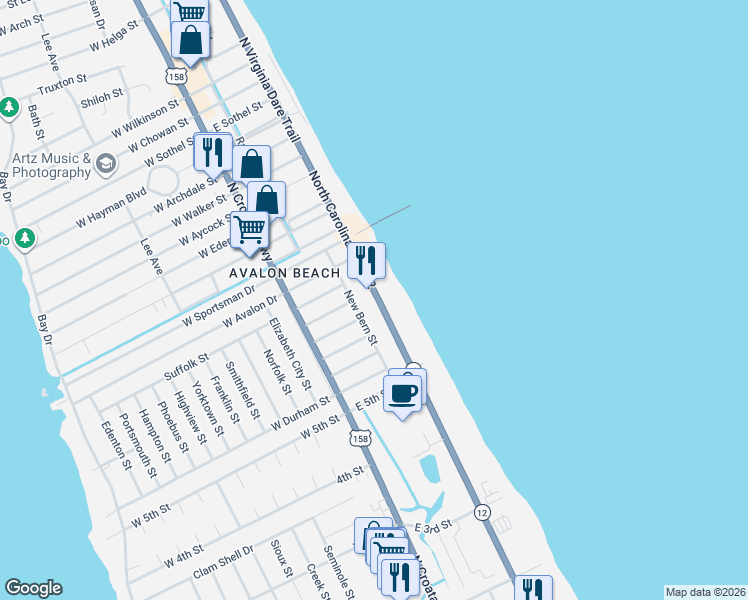 map of restaurants, bars, coffee shops, grocery stores, and more near 2037 North Virginia Dare Trail in Kill Devil Hills