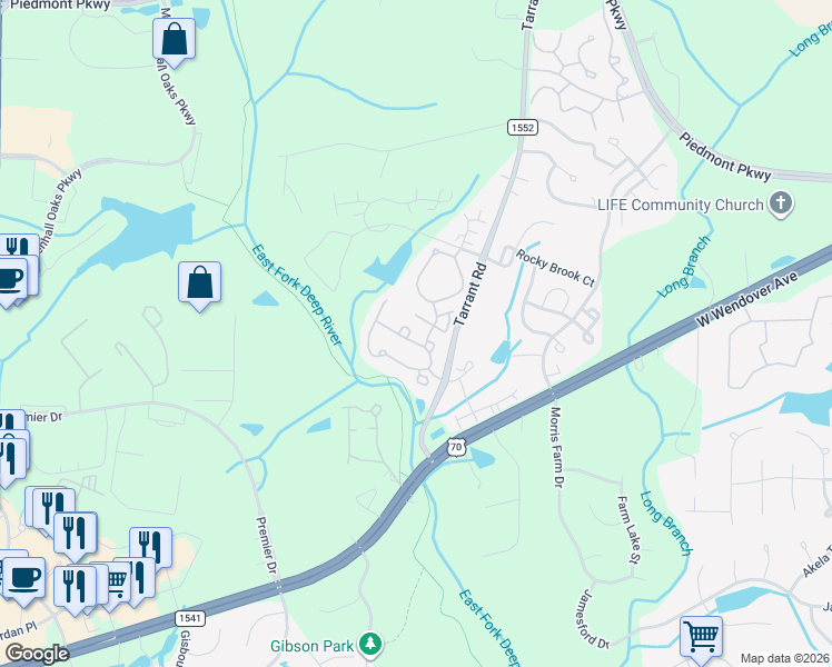 map of restaurants, bars, coffee shops, grocery stores, and more near 4121 Tarrant Trace Circle in High Point