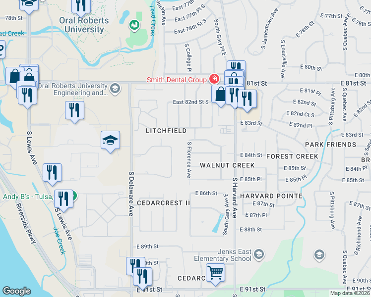 map of restaurants, bars, coffee shops, grocery stores, and more near 8410 South Florence Avenue in Tulsa