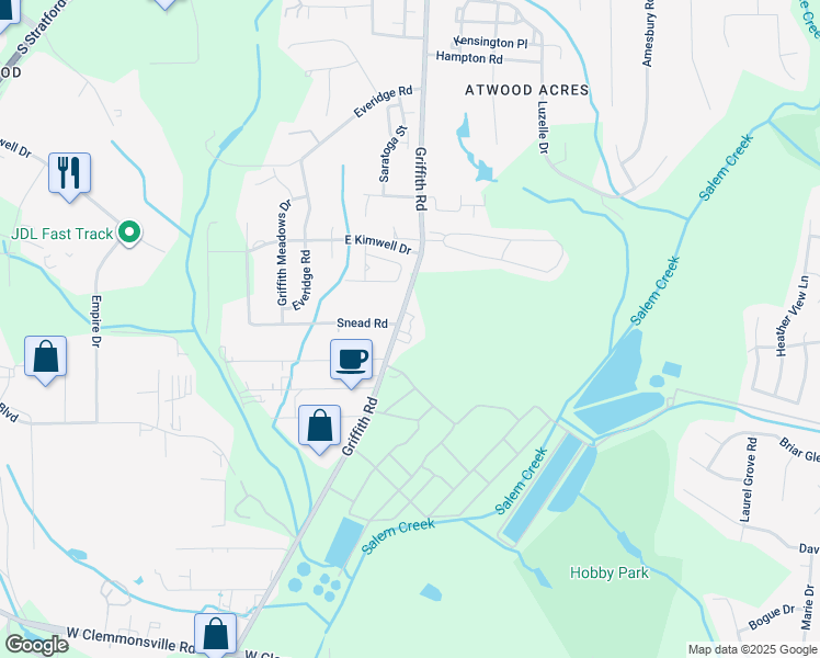 map of restaurants, bars, coffee shops, grocery stores, and more near 2691 Griffith Road in Winston-Salem