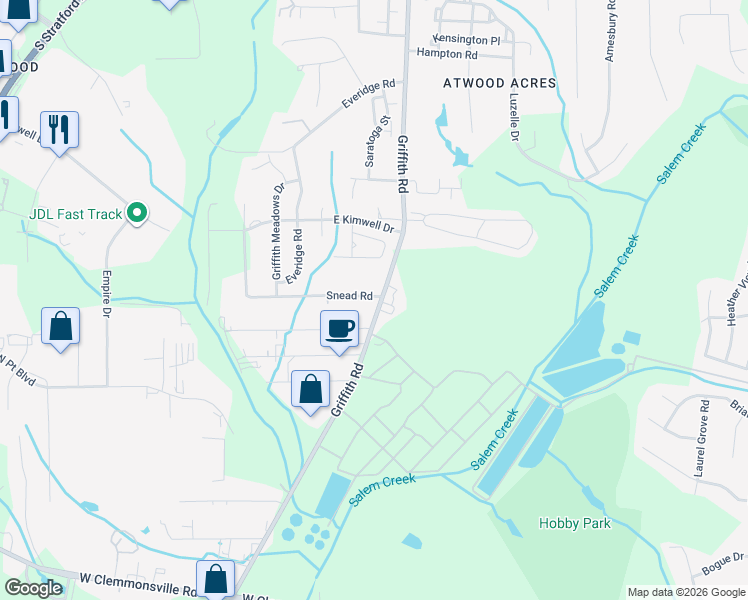 map of restaurants, bars, coffee shops, grocery stores, and more near 2691 Griffith Road in Winston-Salem