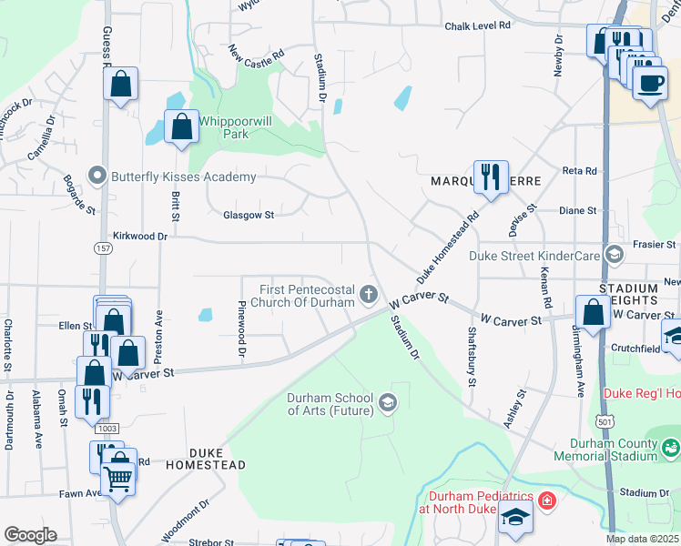 map of restaurants, bars, coffee shops, grocery stores, and more near 2522 Fairlawn Road in Durham