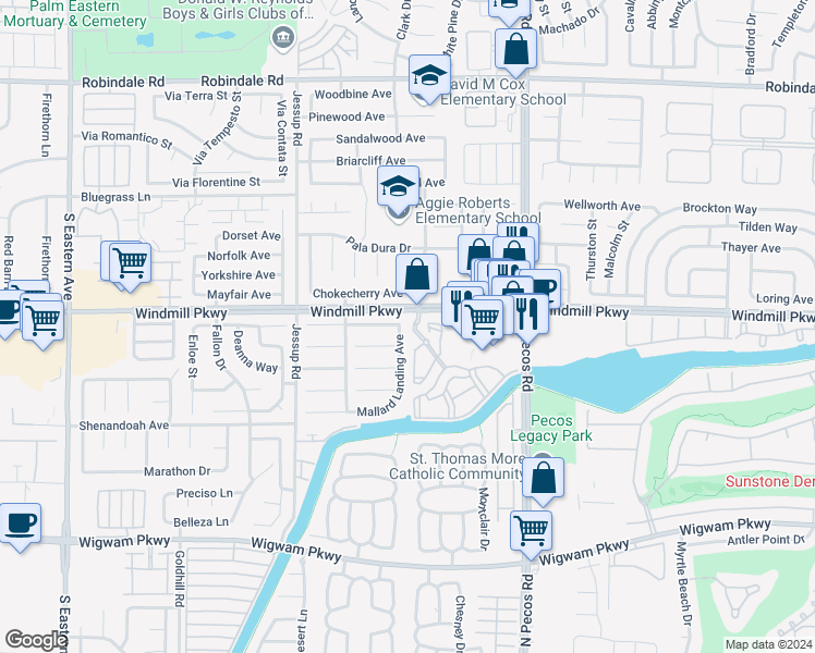 map of restaurants, bars, coffee shops, grocery stores, and more near 2673 Mallard Landing Avenue in Henderson