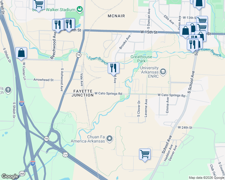 map of restaurants, bars, coffee shops, grocery stores, and more near 1168 West Cato Springs Road in Fayetteville