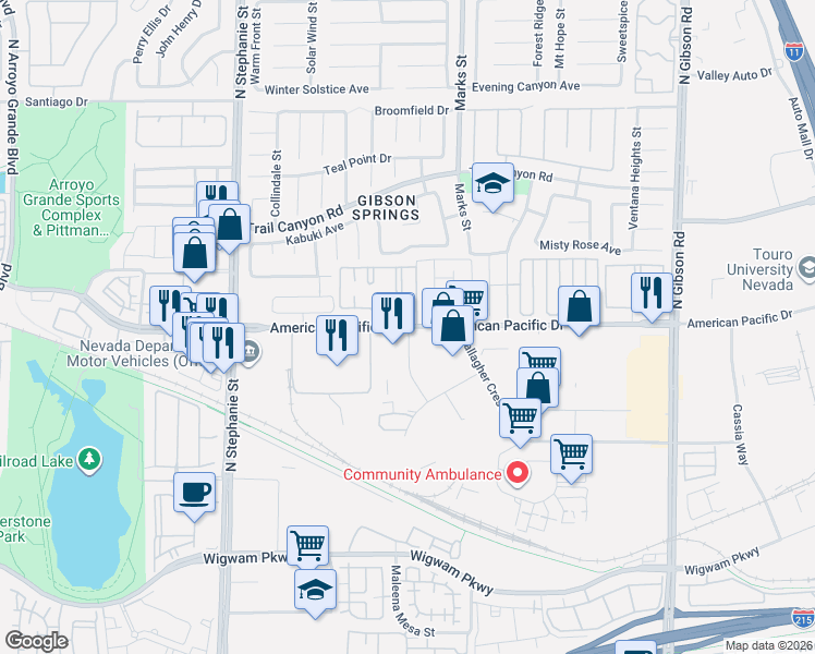 map of restaurants, bars, coffee shops, grocery stores, and more near 194 Twin Creek in Henderson