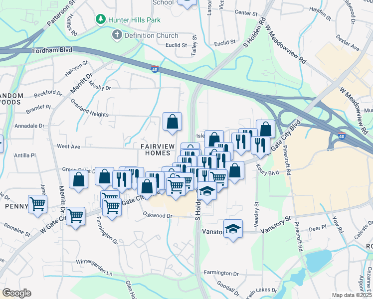 map of restaurants, bars, coffee shops, grocery stores, and more near 1921 Boulevard Street in Greensboro